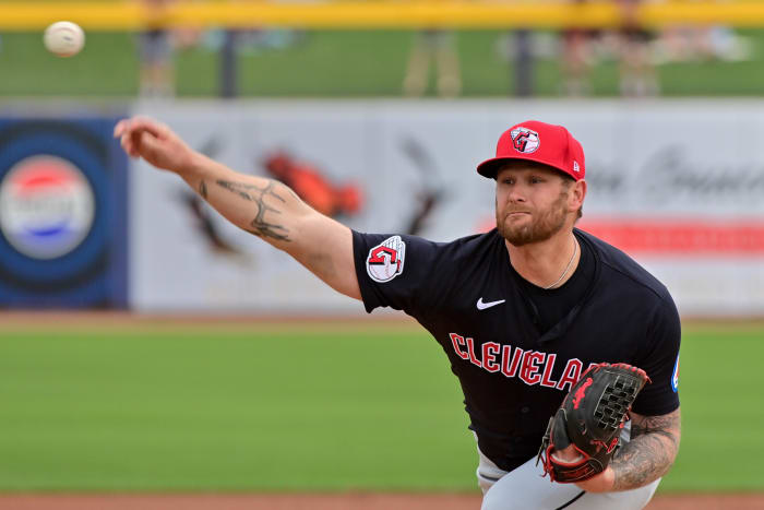 Feb 26, 2024; Peoria, Arizona, USA; Cleveland Guardians starting pitcher Ben Lively (39) throws in the first inning against the San Diego Padres during a spring training game at Peoria Sports Complex. Mandatory Credit: Matt Kartozian-USA TODAY Sports